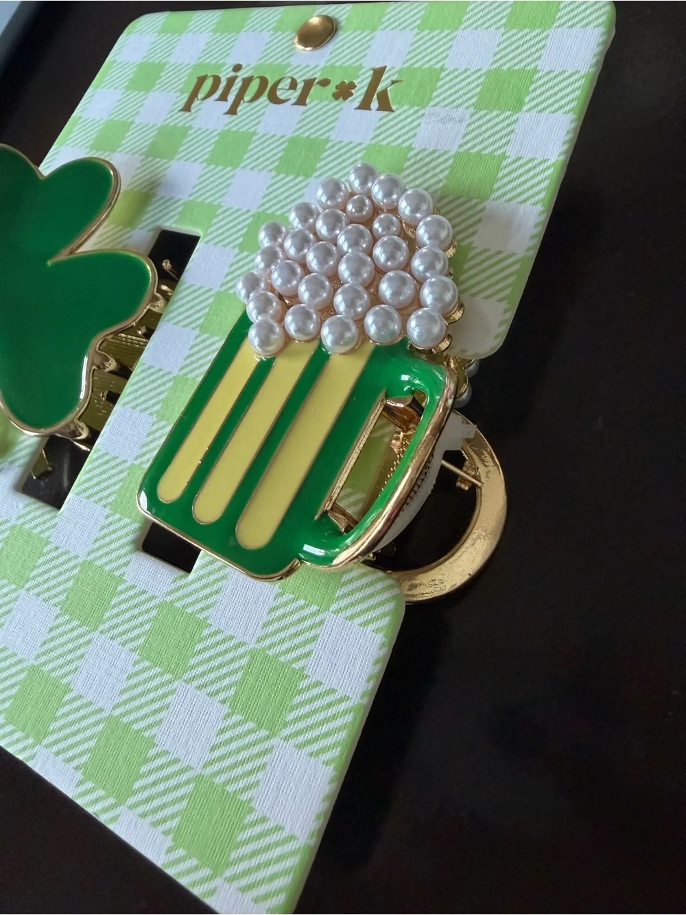 Piper K Shamrock and Festive Mug Hair Clips Green w Gold Holiday St. Patricks